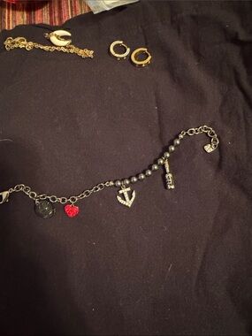 Swarovski Black Bead Charm Bracelet with Red Heart and Anchor